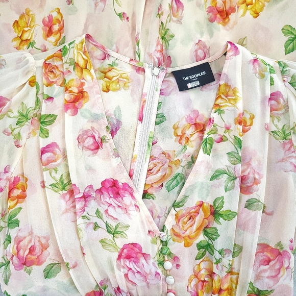 The Kooples Antique Florals Silk Puff Sleeve Slip Midi Dress - Picture 5 of 13